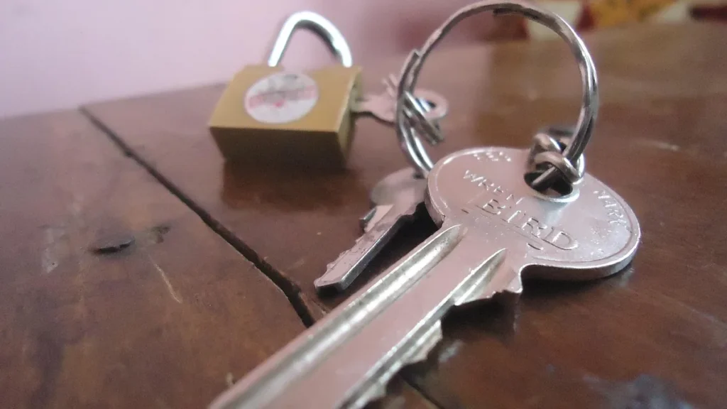Close-up of silver keys on a keyring with a small brass padlock on a wooden surface.