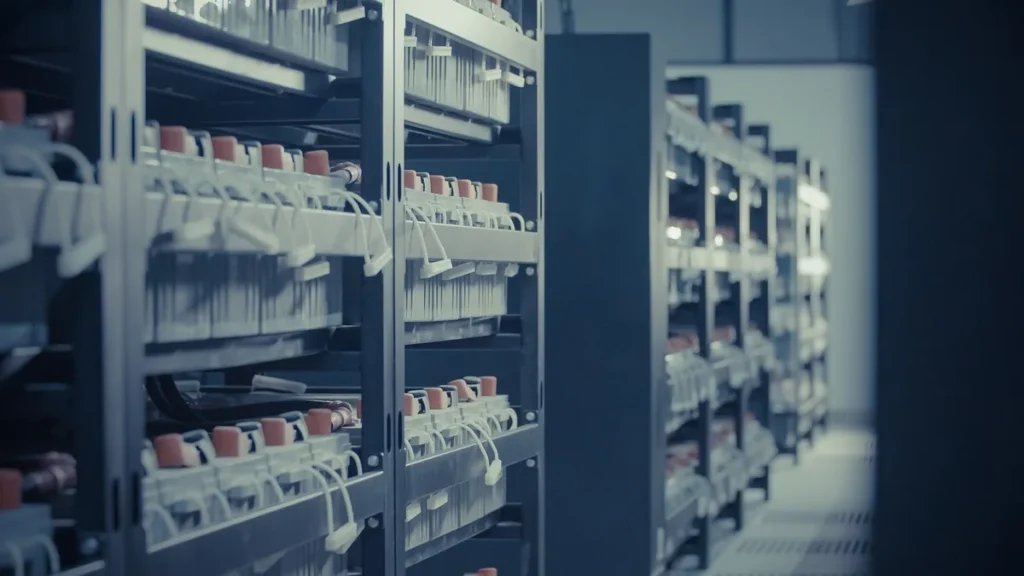 Rows of server racks holding battery backup units in a cool-toned, professional data center setting.