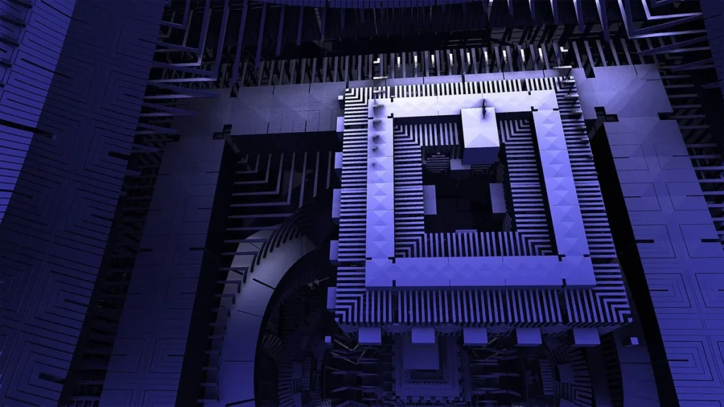 Purple-tinted abstract view of a futuristic microprocessor grid, symbolizing advanced AI and cybersecurity.