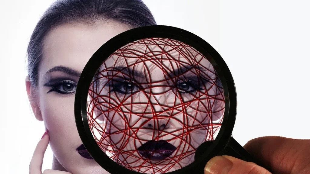 A woman's face partially obscured by a magnifying glass showing a red tangled web network.