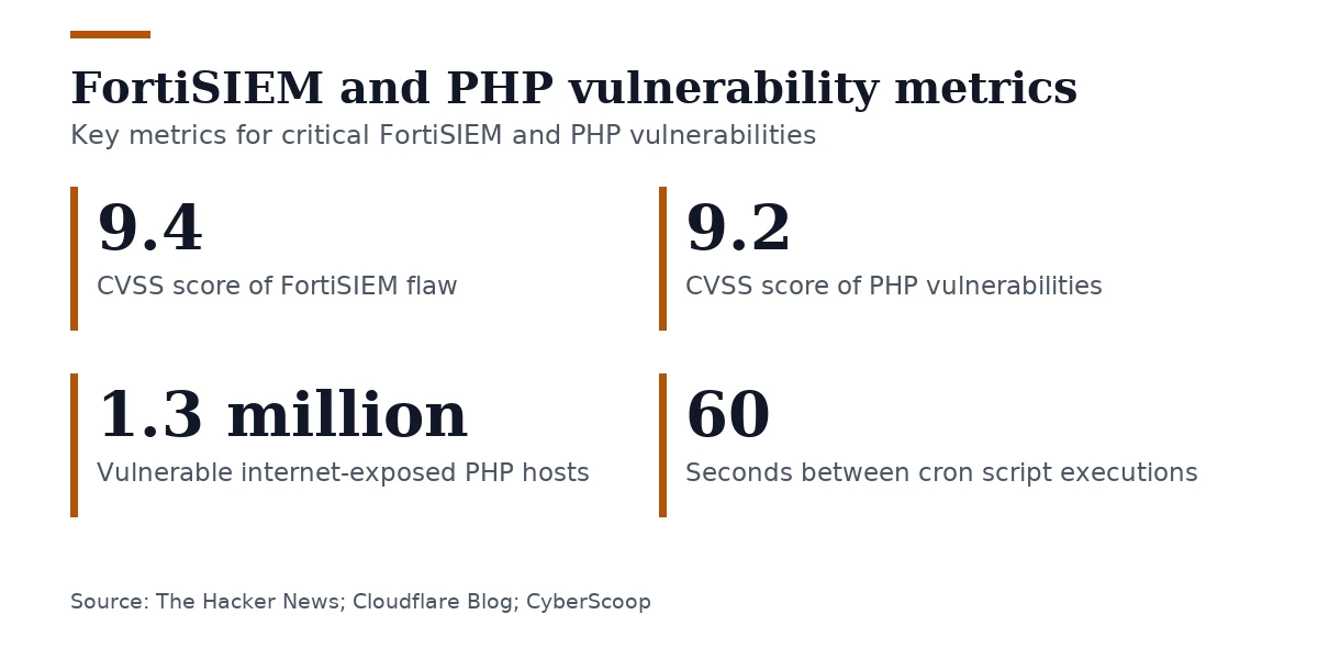 Key figures, FortiSIEM and PHP vulnerability metrics. CVSS score of FortiSIEM flaw: 9.4; CVSS score of PHP vulnerabilities: 9.2; Vulnerable internet-exposed PHP hosts: 1.3 million; Seconds between cron script executions: 60.