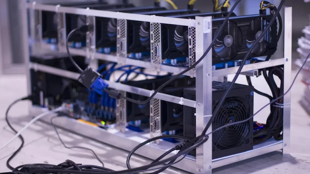 A multi-tiered GPU mining rig with multiple graphics cards, cooling fans, and tangled cables.