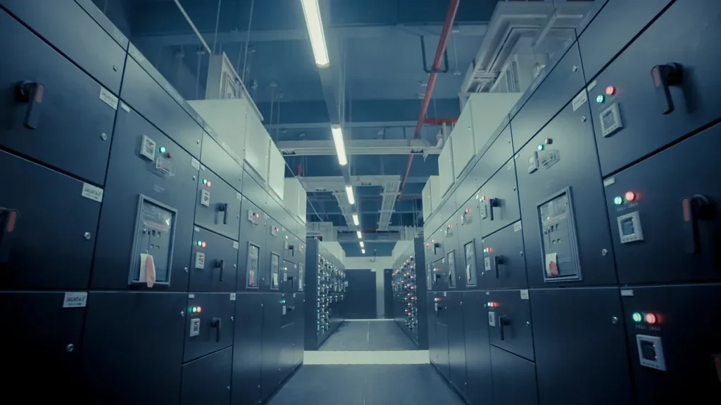 View down a corridor of dark server cabinets with glowing green and red indicator lights.