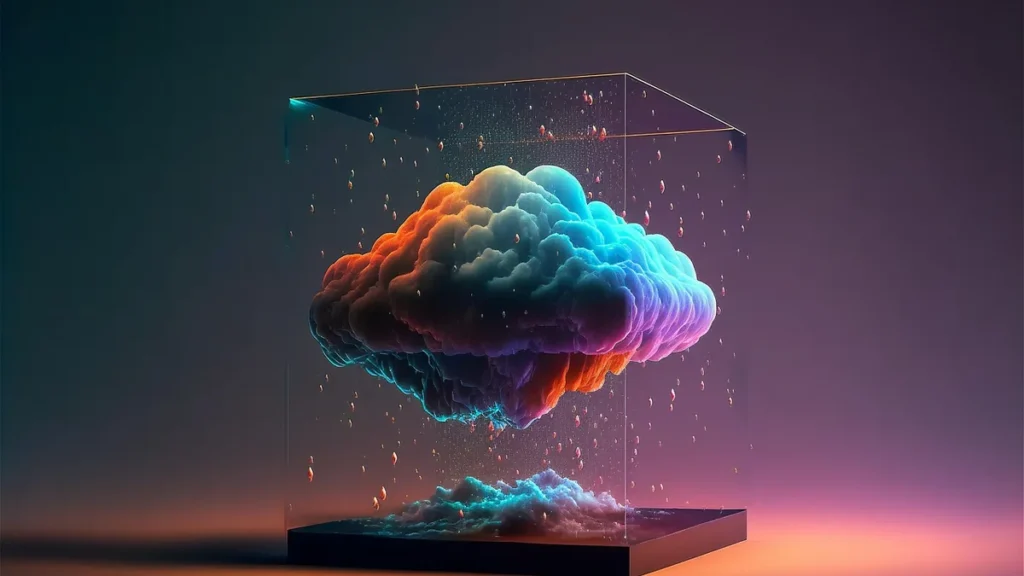 A vibrant, colorful cloud floats inside a transparent glass cube with glowing droplets on a gradient background.
