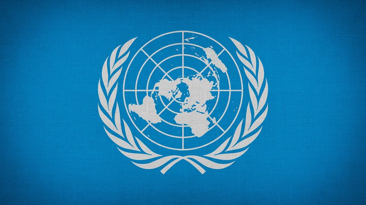 The official flag of the United Nations, featuring a white world map emblem on a textured blue background.
