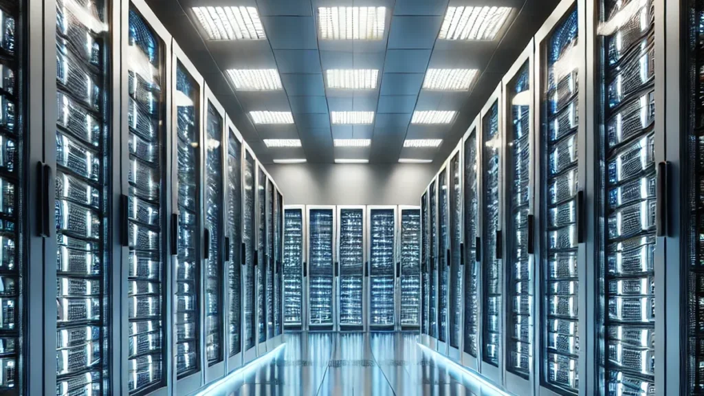 A glowing blue server room aisle with rows of high-tech data racks under bright ceiling lights.
