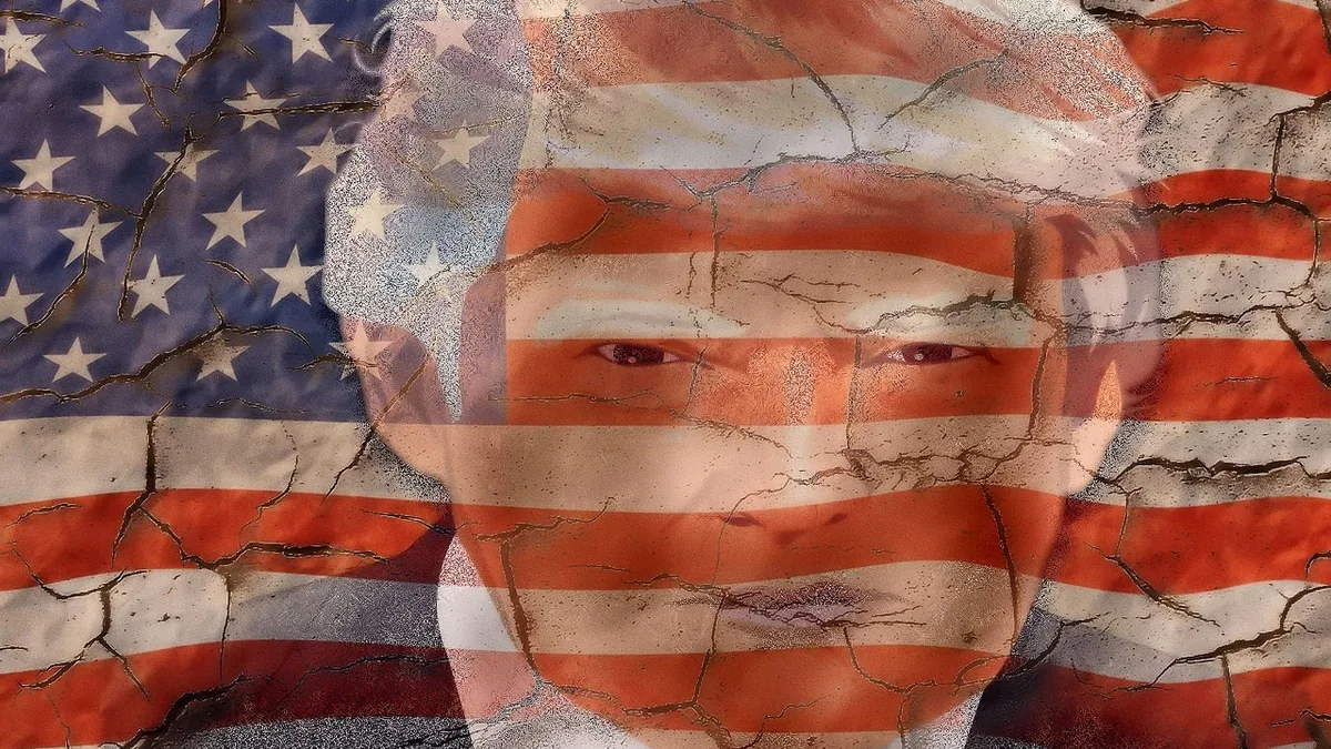 Stylized portrait of Donald Trump merged with a cracked American flag texture.