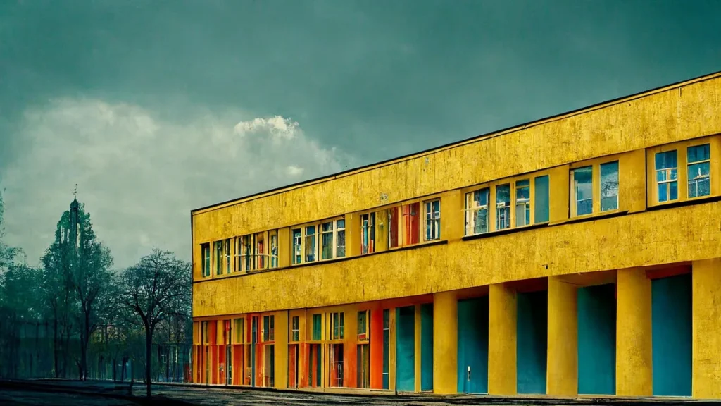 A colorful yellow school building with vibrant columns under a cloudy, dramatic sky.