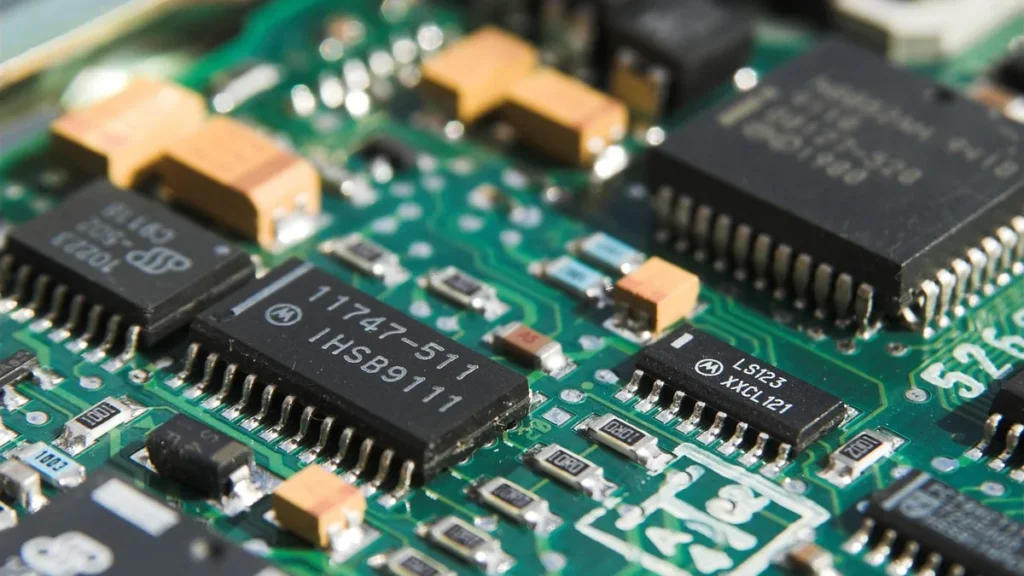 A close-up of a green circuit board populated with microchips and electronic components, representing hardware-level