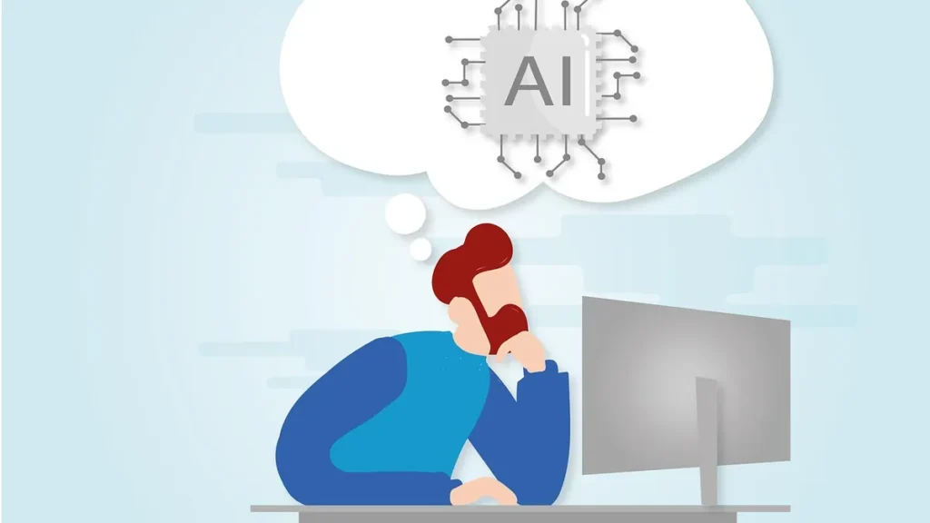 Vector illustration of a man contemplating AI while working on a computer, with a thought bubble showing an AI chip.