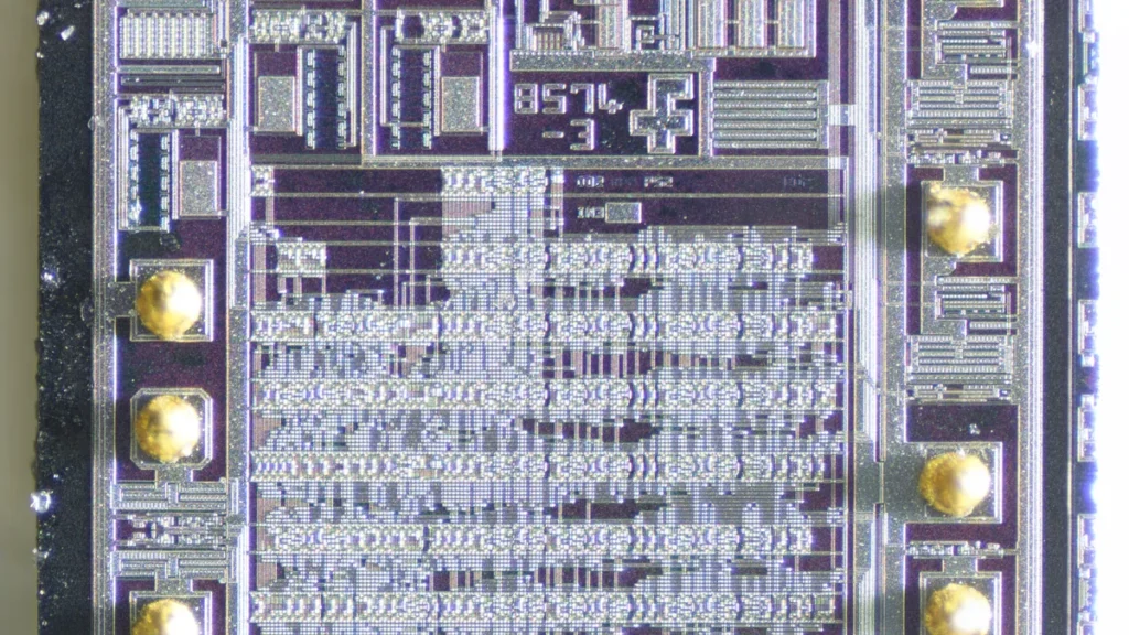 Macro close-up of a silicon microchip die with intricate circuitry patterns and gold bonding spheres.