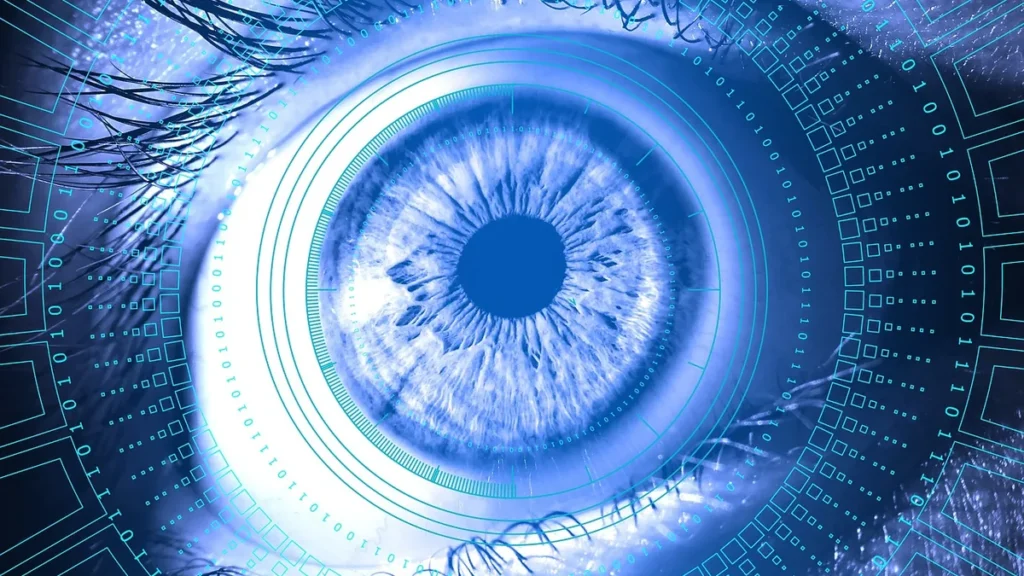 Blue eye close-up with binary overlays and scanning rings, symbolizing biometric security.
