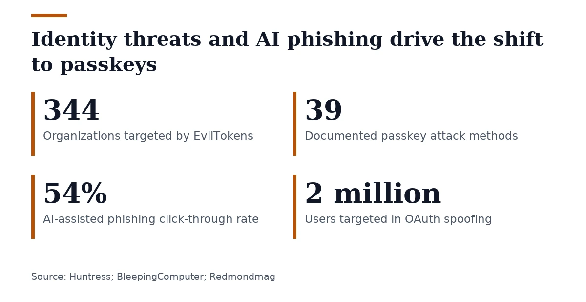 Key figures, Identity threats and AI phishing drive the shift to passkeys. Organizations targeted by EvilTokens: 344; Documented passkey attack methods: 39; AI-assisted phishing click-through rate: 54%; Users targeted in OAuth spoofing: 2 million.