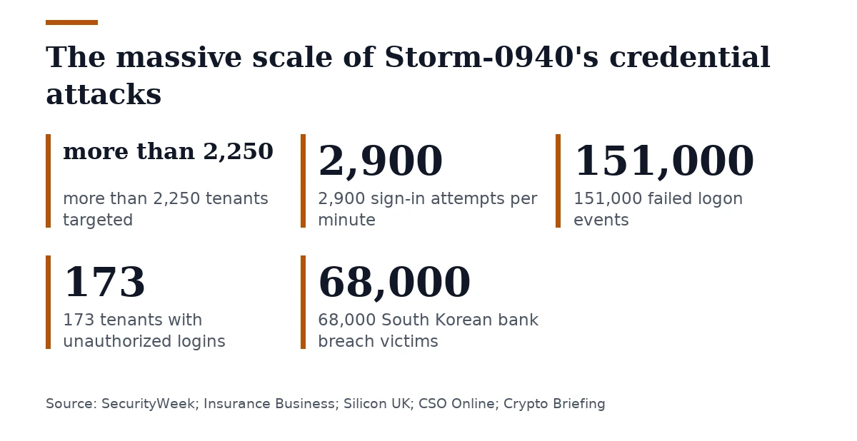Key figures, The massive scale of Storm-0940's credential attacks. more than 2,250 tenants targeted: more than 2,250; 2,900 sign-in attempts per minute: 2,900; 151,000 failed logon events: 151,000; 173 tenants with unauthorized logins: 173; 68,000 South Korean bank breach victims: 68,000.