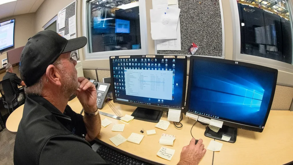 Technician looking at dual computer screens surrounded by sticky notes on a desk.