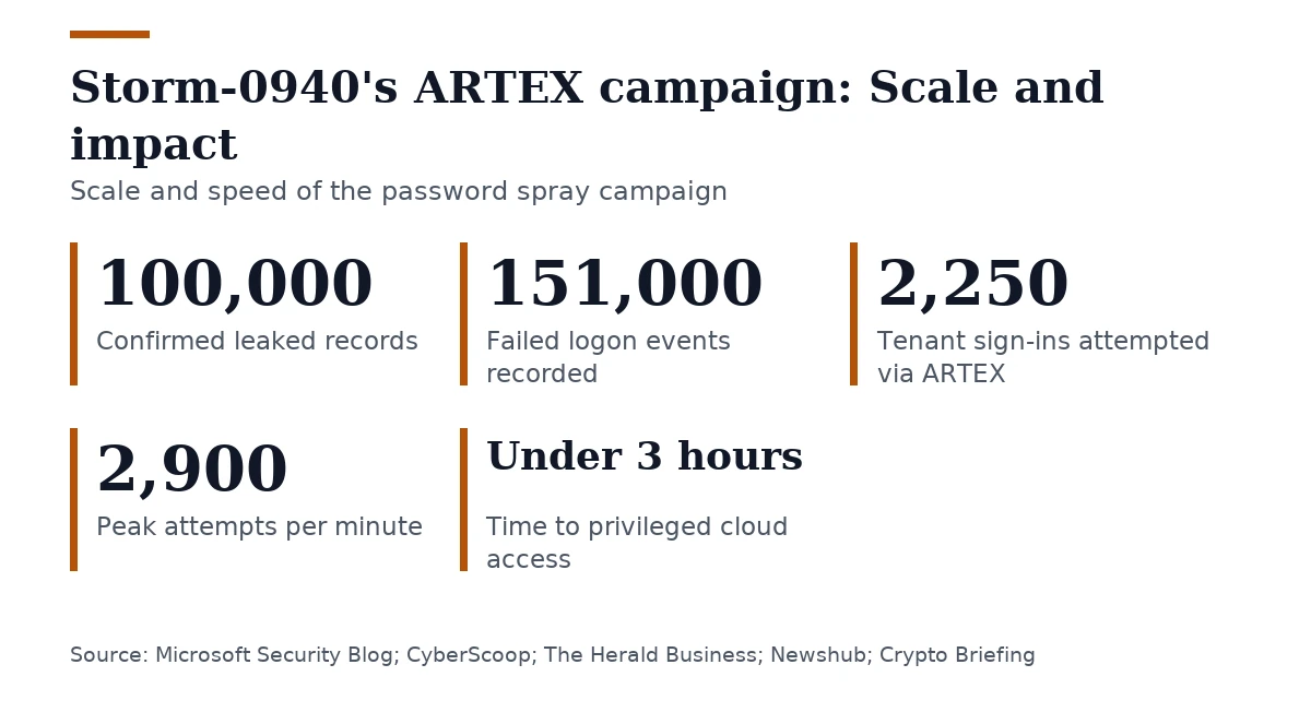 Key figures, Storm-0940's ARTEX campaign: Scale and impact. Confirmed leaked records: 100,000; Failed logon events recorded: 151,000; Tenant sign-ins attempted via ARTEX: 2,250; Peak attempts per minute: 2,900; Time to privileged cloud access: Under 3 hours.