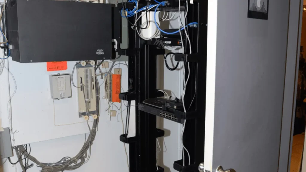 Server rack with networking equipment, blue and grey cables, and a black Vogava box in a closet.