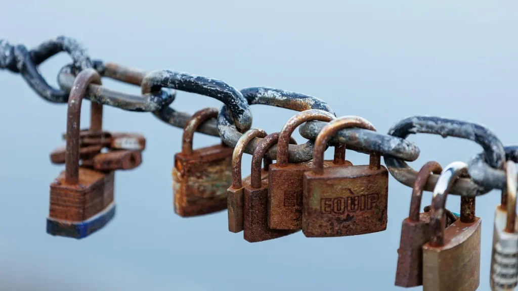 Rusty padlocks hanging on a metal chain against a blurry background.