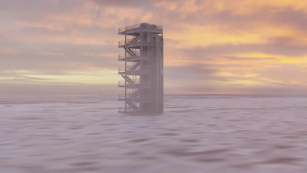 A solitary multi-level industrial tower stands in a vast misty landscape under a soft orange sunset sky.
