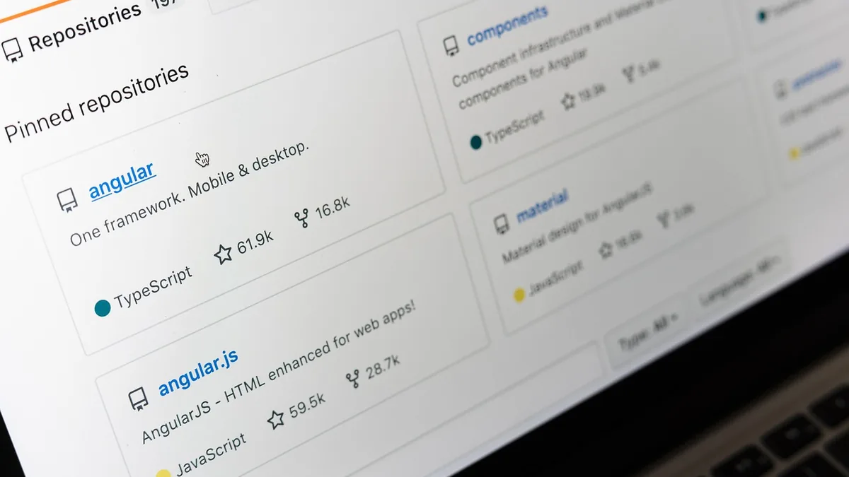 Close-up of GitHub pinned repositories page showing Angular, TypeScript, and JavaScript packages on a laptop screen.