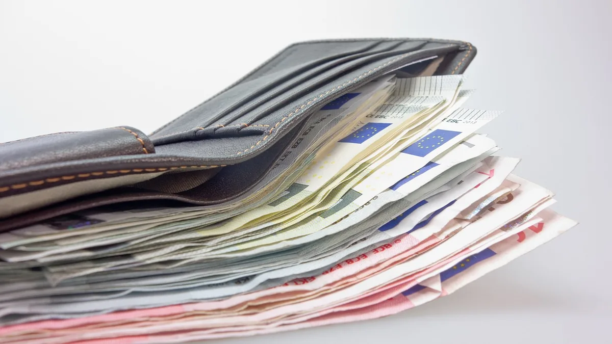 A leather wallet overflowing with a thick stack of Euro banknotes, symbolizing wealth and financial funds.