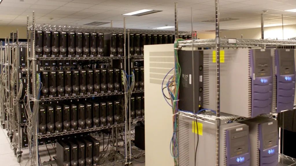 Rows of server racks with black and purple tower servers in a data center room.