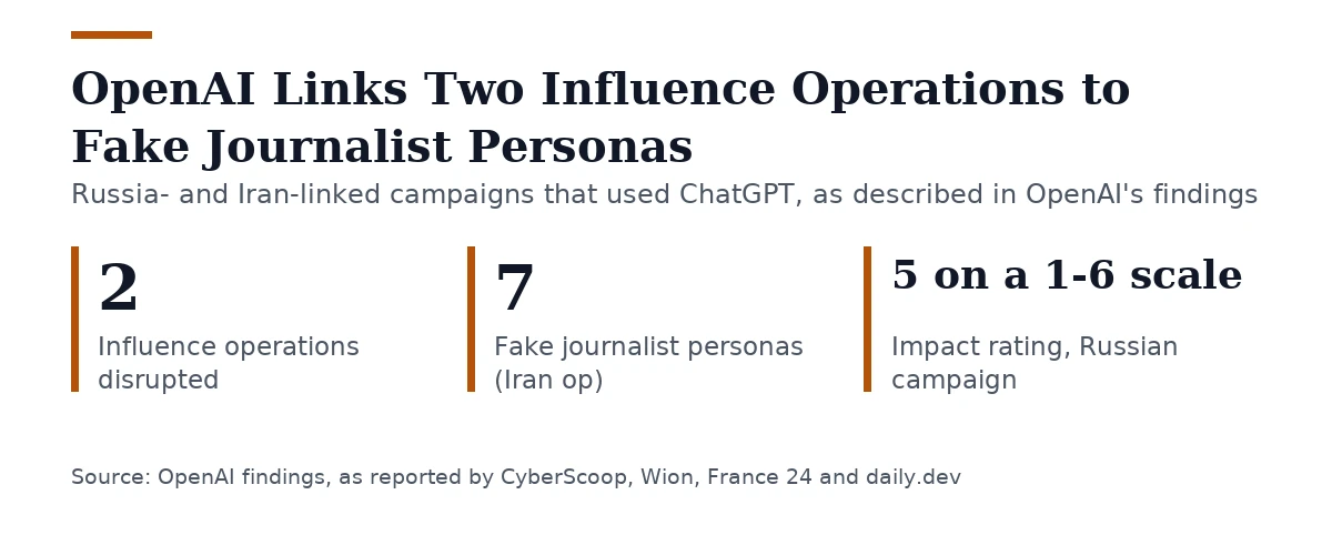 Key figures, OpenAI Links Two Influence Operations to Fake Journalist Personas. Influence operations disrupted: 2; Fake journalist personas (Iran op): 7; Impact rating, Russian campaign: 5 on a 1-6 scale.