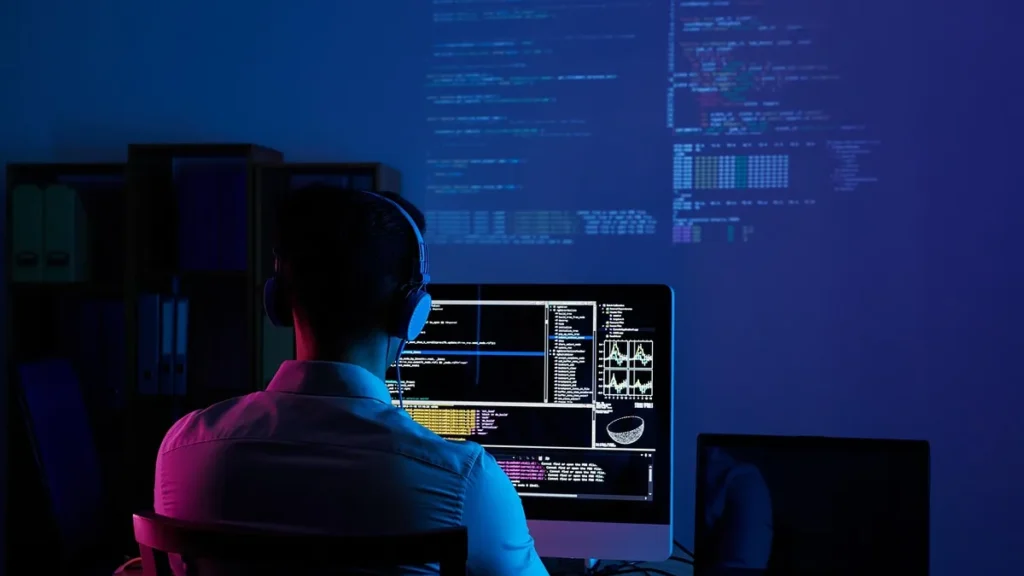 Back view of a programmer coding on a computer in a dark room lit by neon blue and purple light.