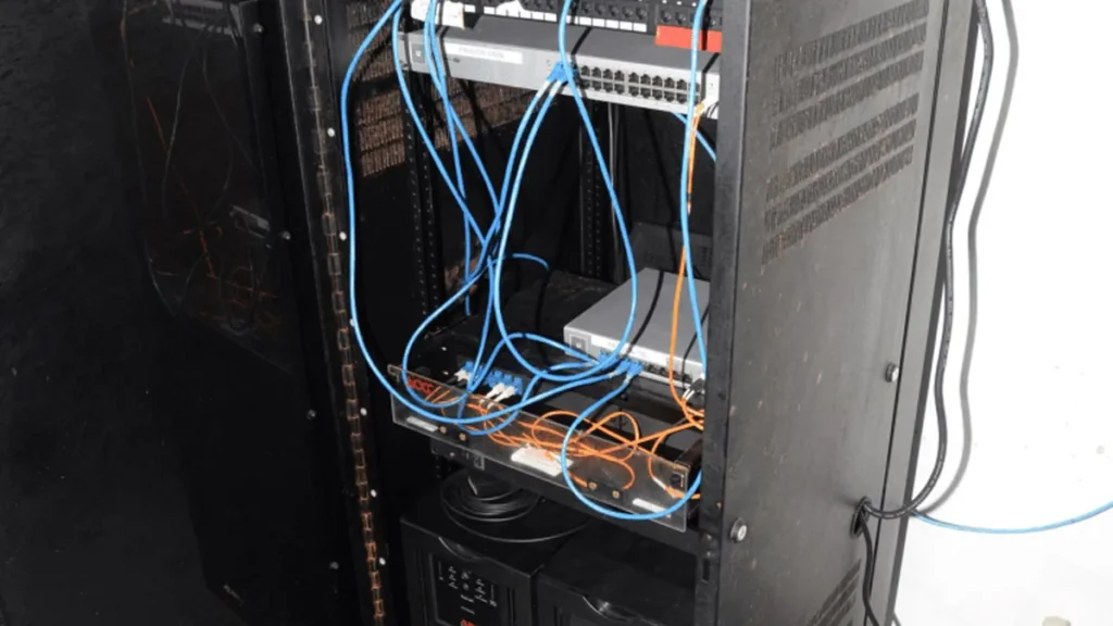 A close-up of a server rack filled with network switches, blue ethernet cables, and power units.