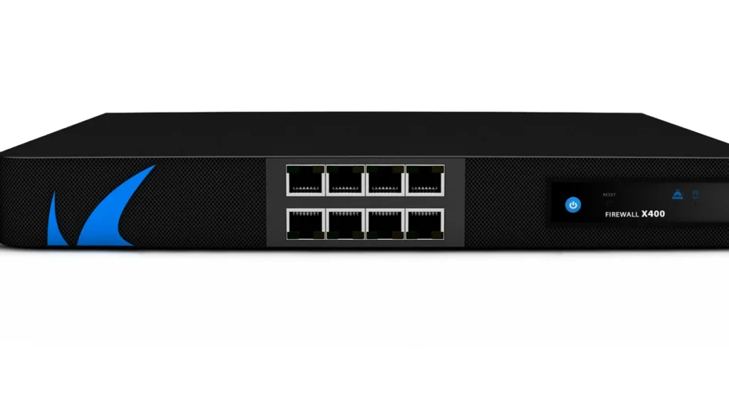 A black firewall appliance with eight Ethernet ports, a blue logo, and a display panel showing 'FIREWALL X400'.