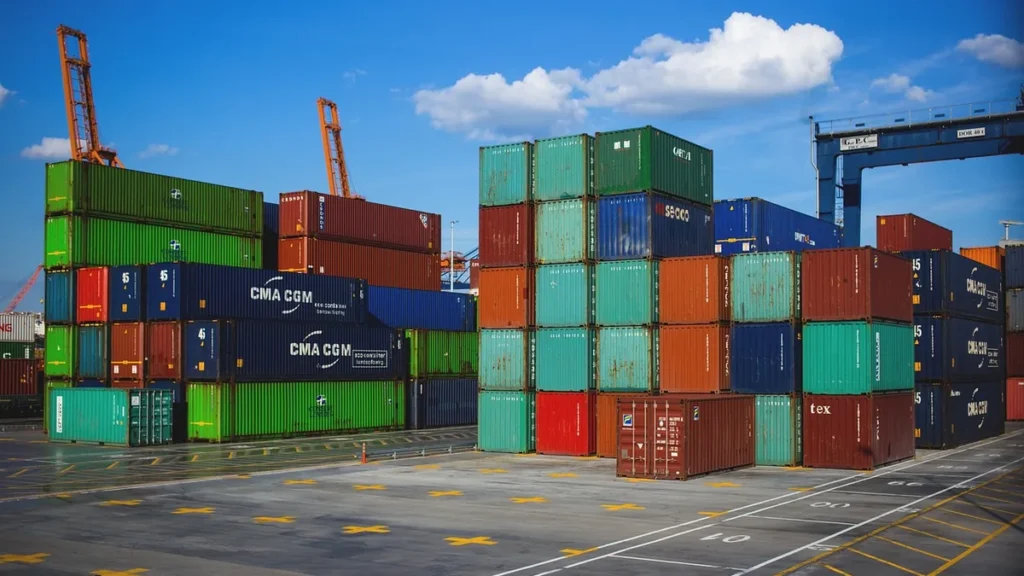 Stacked colorful shipping containers in a port yard, representing global logistics and supply chains.