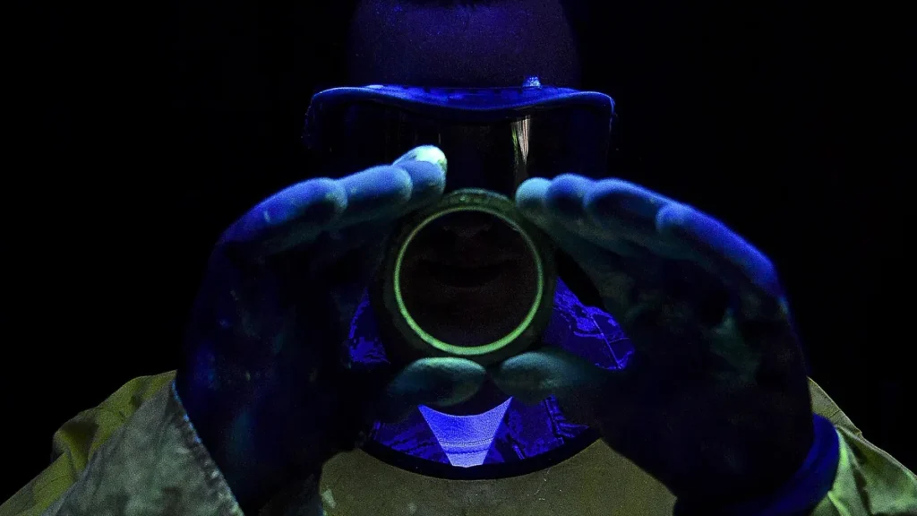 Person in protective goggles and gloves holding a glowing green circular ring under blue light, representing security