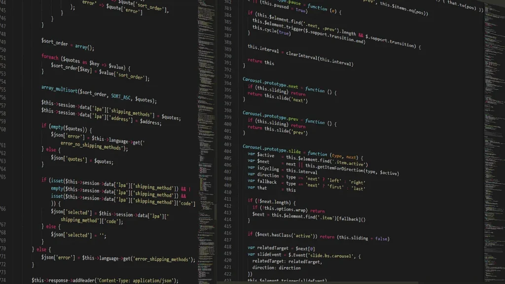 Split-screen view of PHP and JavaScript source code on a dark-themed code editor.