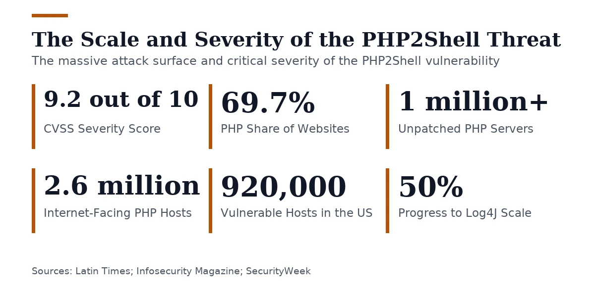 Key figures, The Scale and Severity of the PHP2Shell Threat. CVSS Severity Score: 9.2 out of 10; PHP Share of Websites: 69.7%; Unpatched PHP Servers: 1 million+; Internet-Facing PHP Hosts: 2.6 million; Vulnerable Hosts in the US: 920,000; Progress to Log4J Scale: 50%.