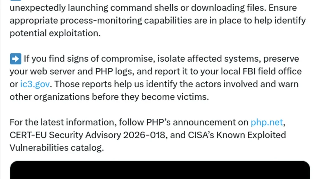 Security advisory text snippet with a blue arrow icon, detailing steps to isolate systems and report compromises.