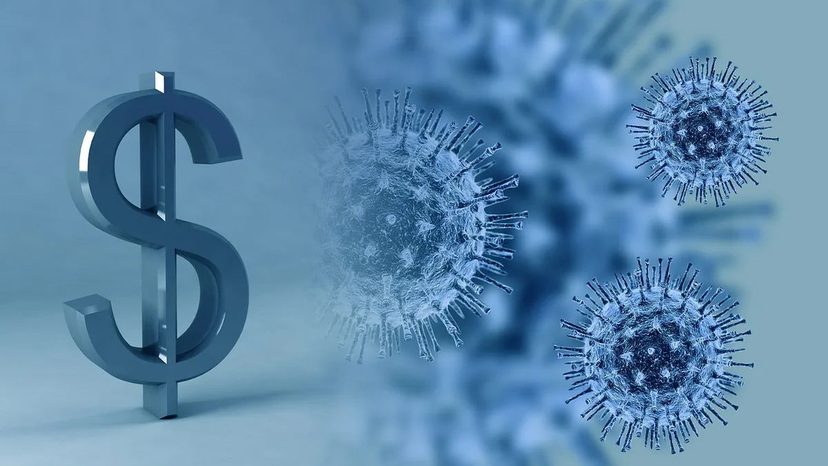 A large metallic dollar sign next to blue virus particles, symbolizing the financial cost of software vulnerabilities.