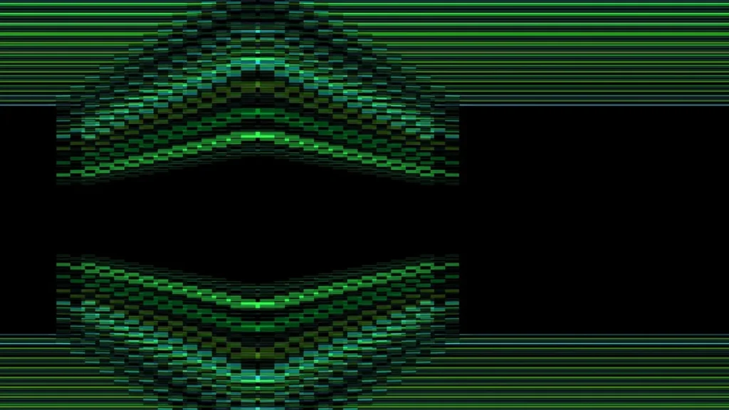 Green pixelated digital eye-like wave pattern on a black background, symbolizing AI visual vulnerabilities.