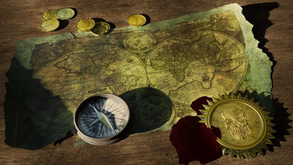 Vintage pirate treasure map with compass, gold coins, and a skull medallion on a wooden table.