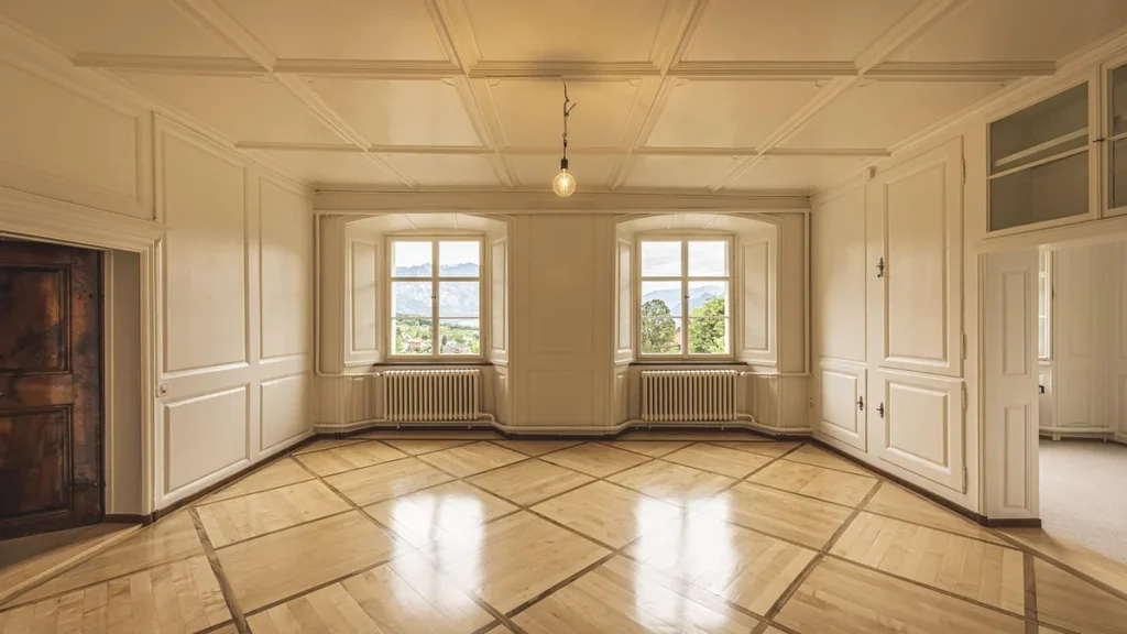 An empty room with white paneled walls, a geometric wooden floor, and twin windows showing a mountain view.