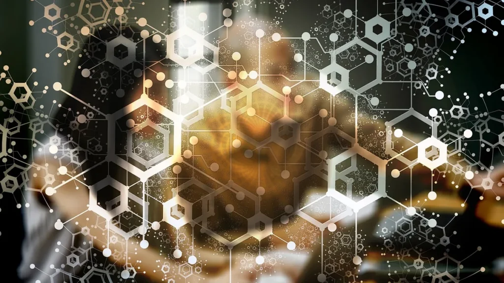 An abstract digital overlay of white hexagonal structures and interconnected nodes over a blurred human figure.