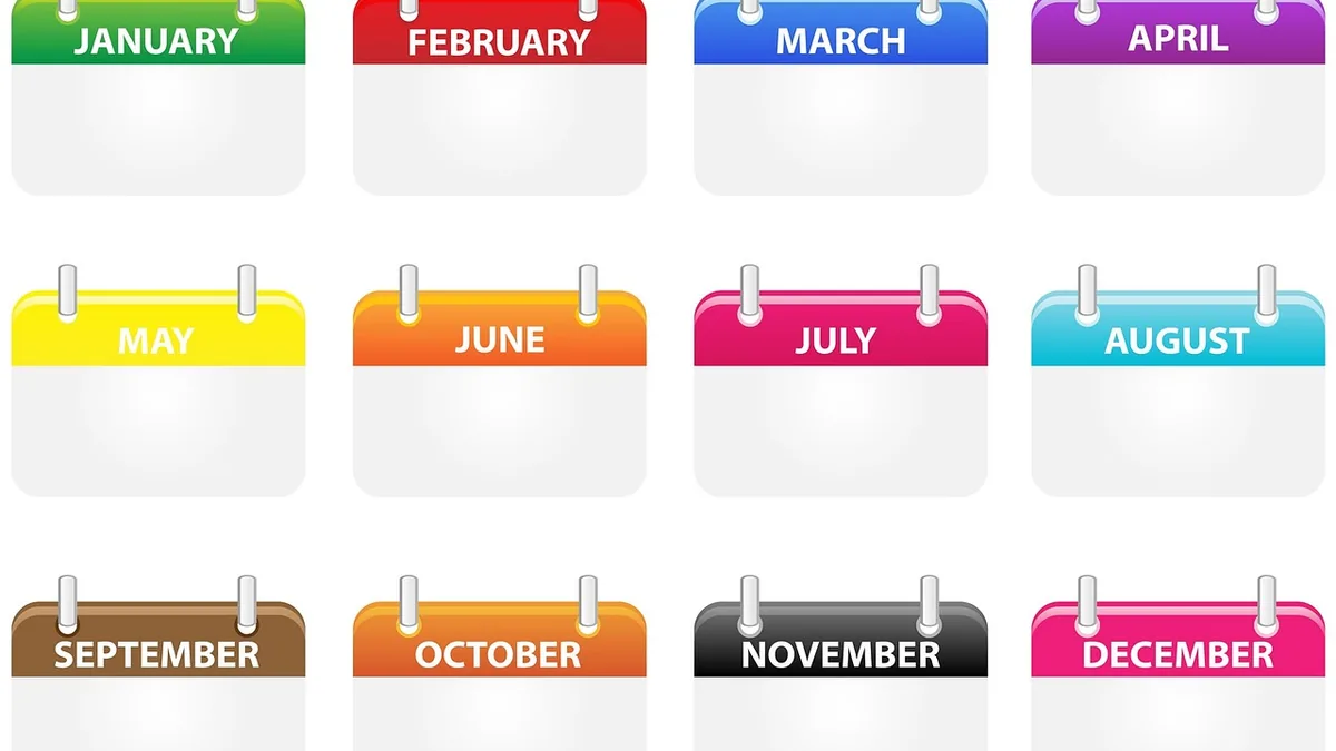 A colorful grid of twelve blank monthly calendar icons, representing each month of the year with space for notes.