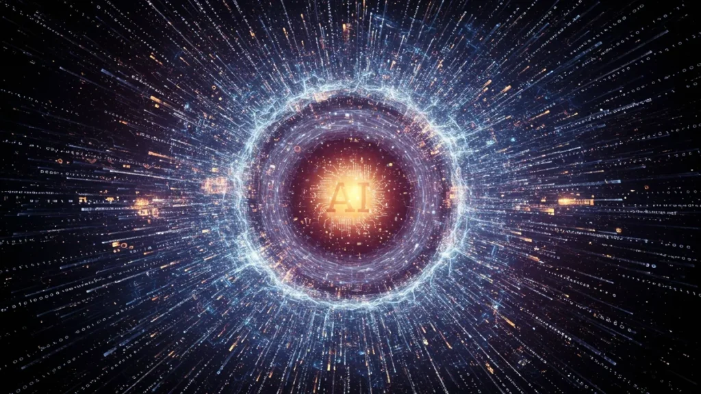 A glowing digital core with the letters 'AI' surrounded by radiating streams of binary code and light.