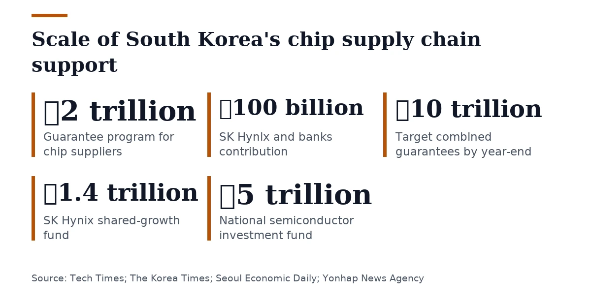Key figures, Scale of South Korea's chip supply chain support. Guarantee program for chip suppliers: ₩2 trillion; SK Hynix and banks contribution: ₩100 billion; Target combined guarantees by year-end: ₩10 trillion; SK Hynix shared-growth fund: ₩1.4 trillion; National semiconductor investment fund: ₩5 trillion.