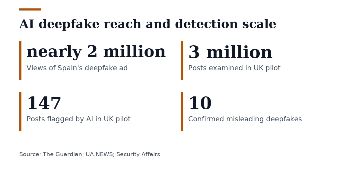 Key figures, AI deepfake reach and detection scale. Views of Spain's deepfake ad: nearly 2 million; Posts examined in UK pilot: 3 million; Posts flagged by AI in UK pilot: 147; Confirmed misleading deepfakes: 10.