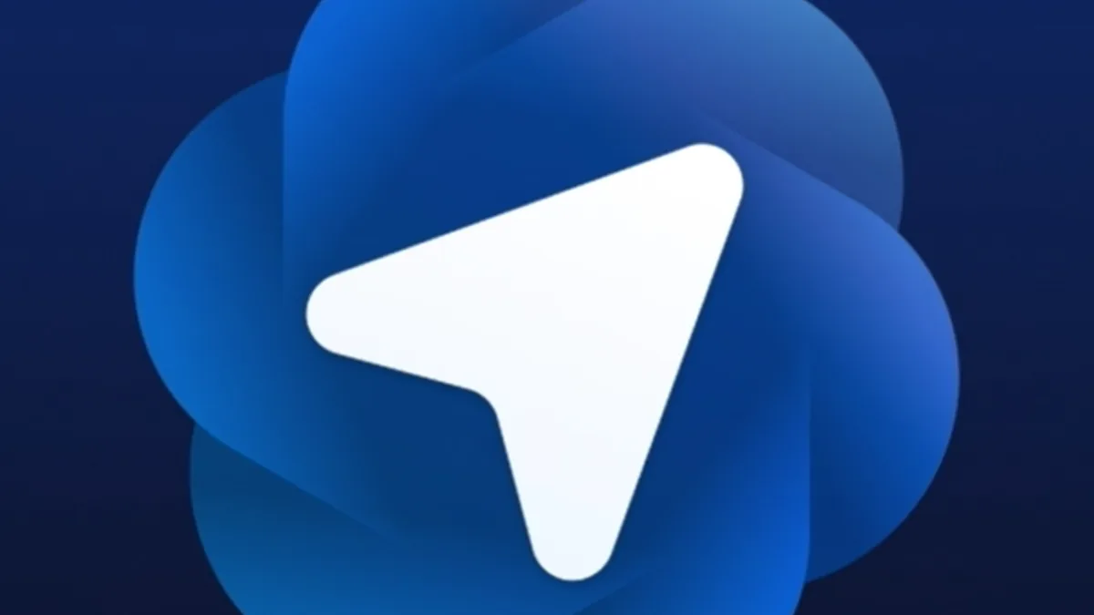 A white stylized arrow or paper plane icon centered on a multi-layered blue circular background.