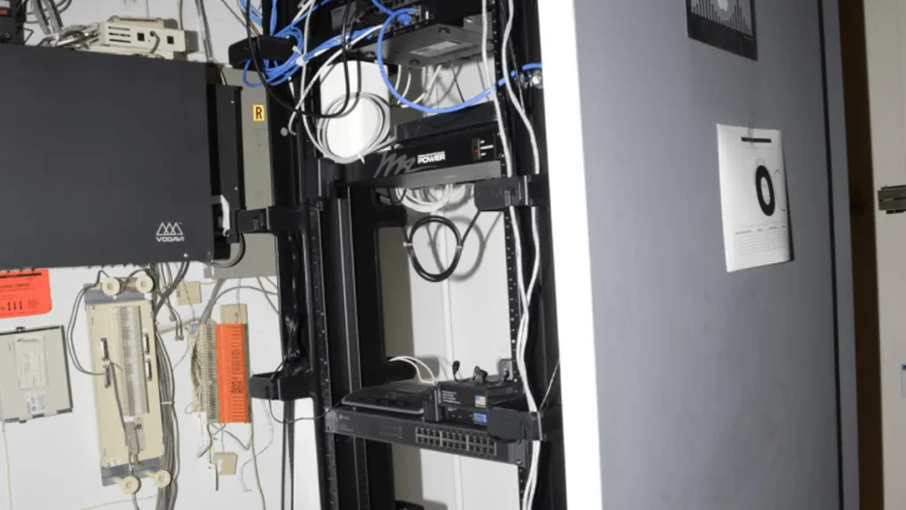 A close-up of a server rack with networking switches, patch panels, and tangled ethernet cables.