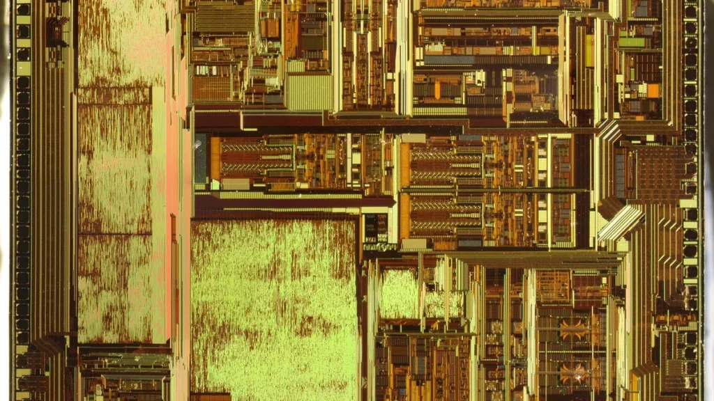 Golden-green microchip die close-up showing intricate circuit pathways and complex silicon structures.