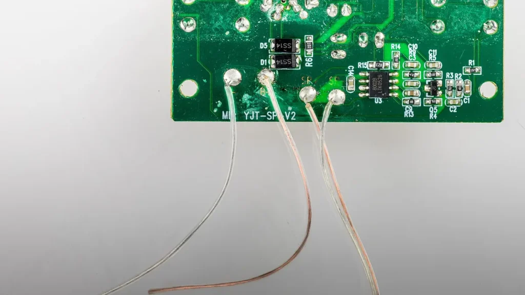 Green circuit board with copper wires soldered to the contacts, showing a close-up of a hardware modification.