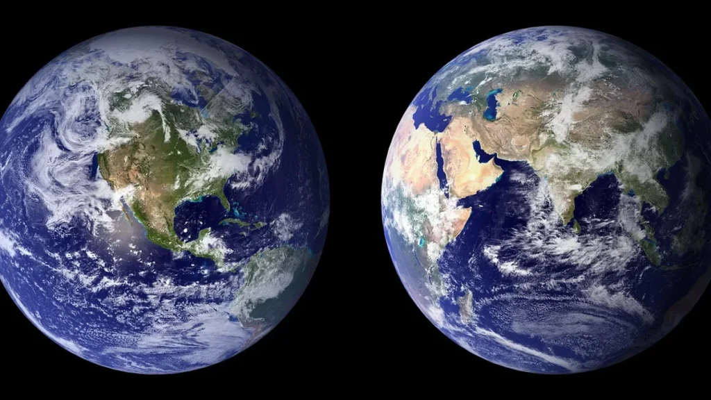 Two views of Earth showing the Americas and Asia-Africa against a black space background.