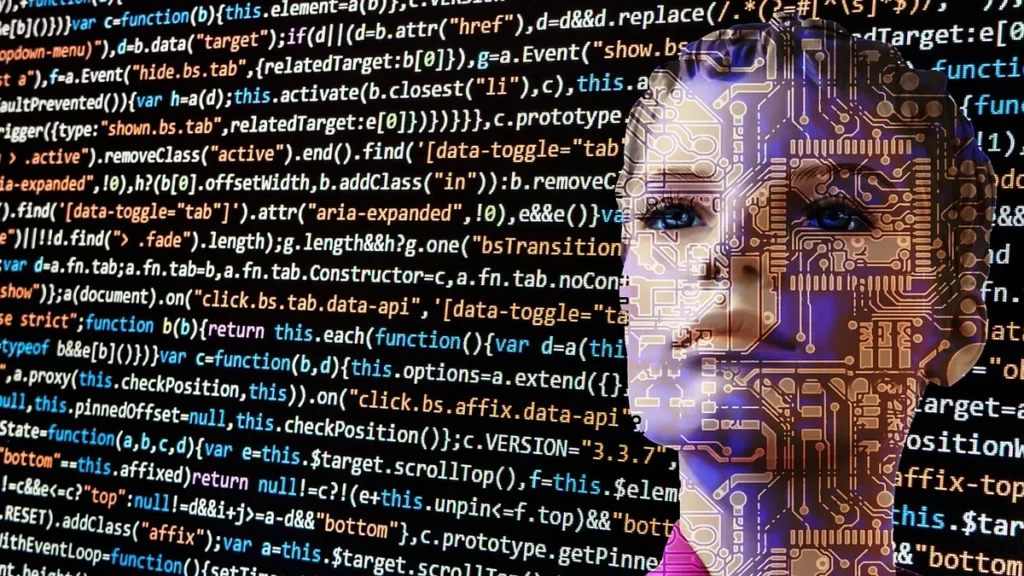 A stylized face with circuit board patterns against a background of computer code.